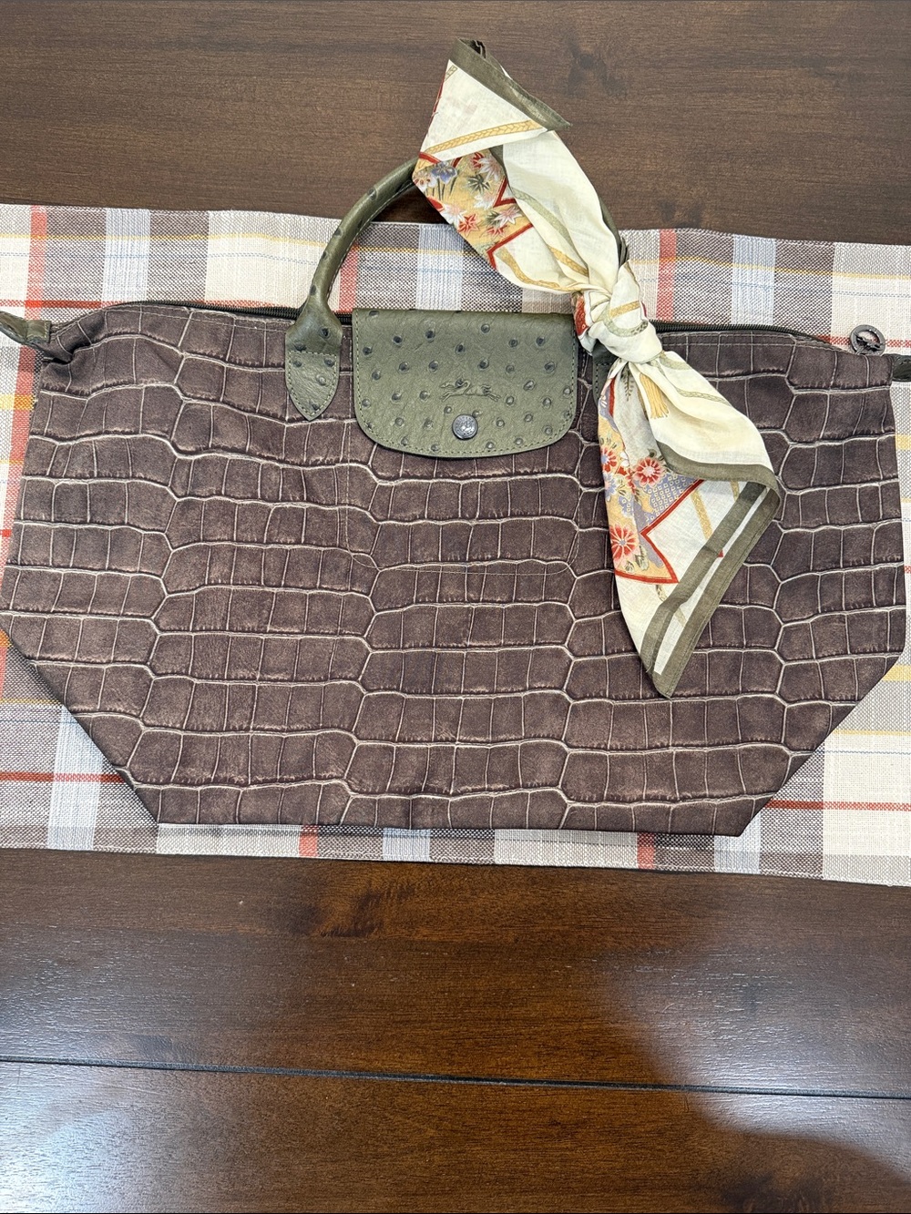 LONGCHAMP Le Pliage Croc Ostrich Green